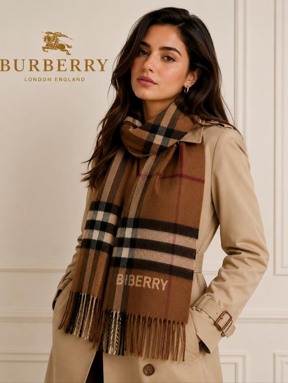 NWT Authentic Burberry Brown Vintage Check Logo Scarf Wool